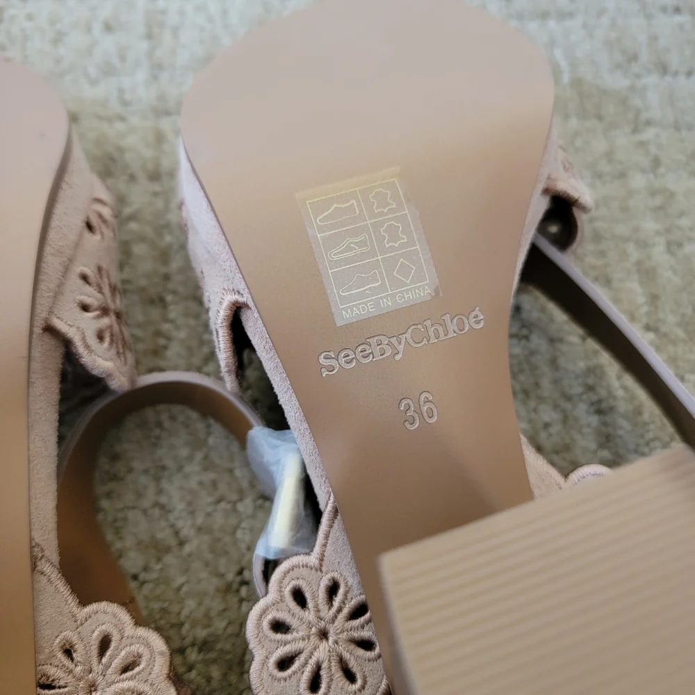 New See By Chloe Laser-Cut Floral Kristy Heeled Sandals in Tan, Size 36